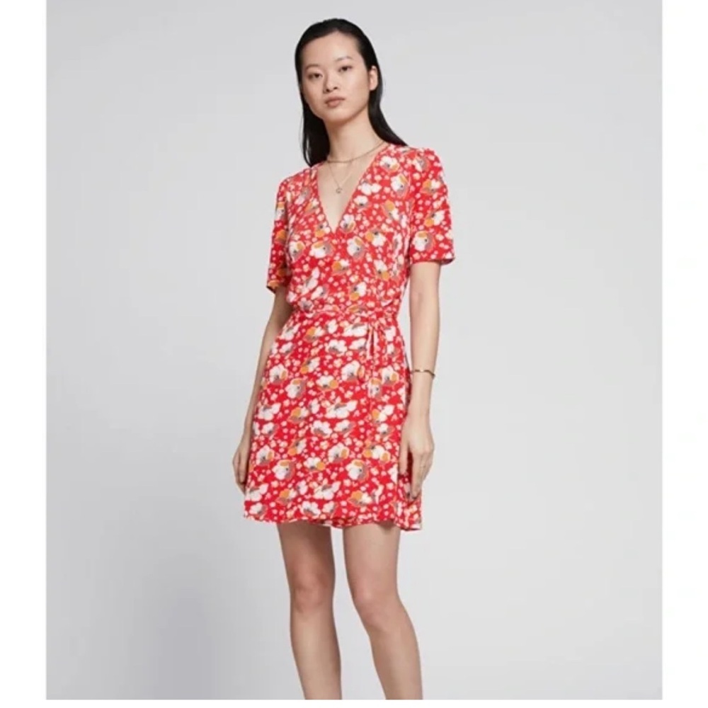 & Other Stories Floral Wrap Mini Dress Red Ruffle Tie Waist Paris Atelier Size 4